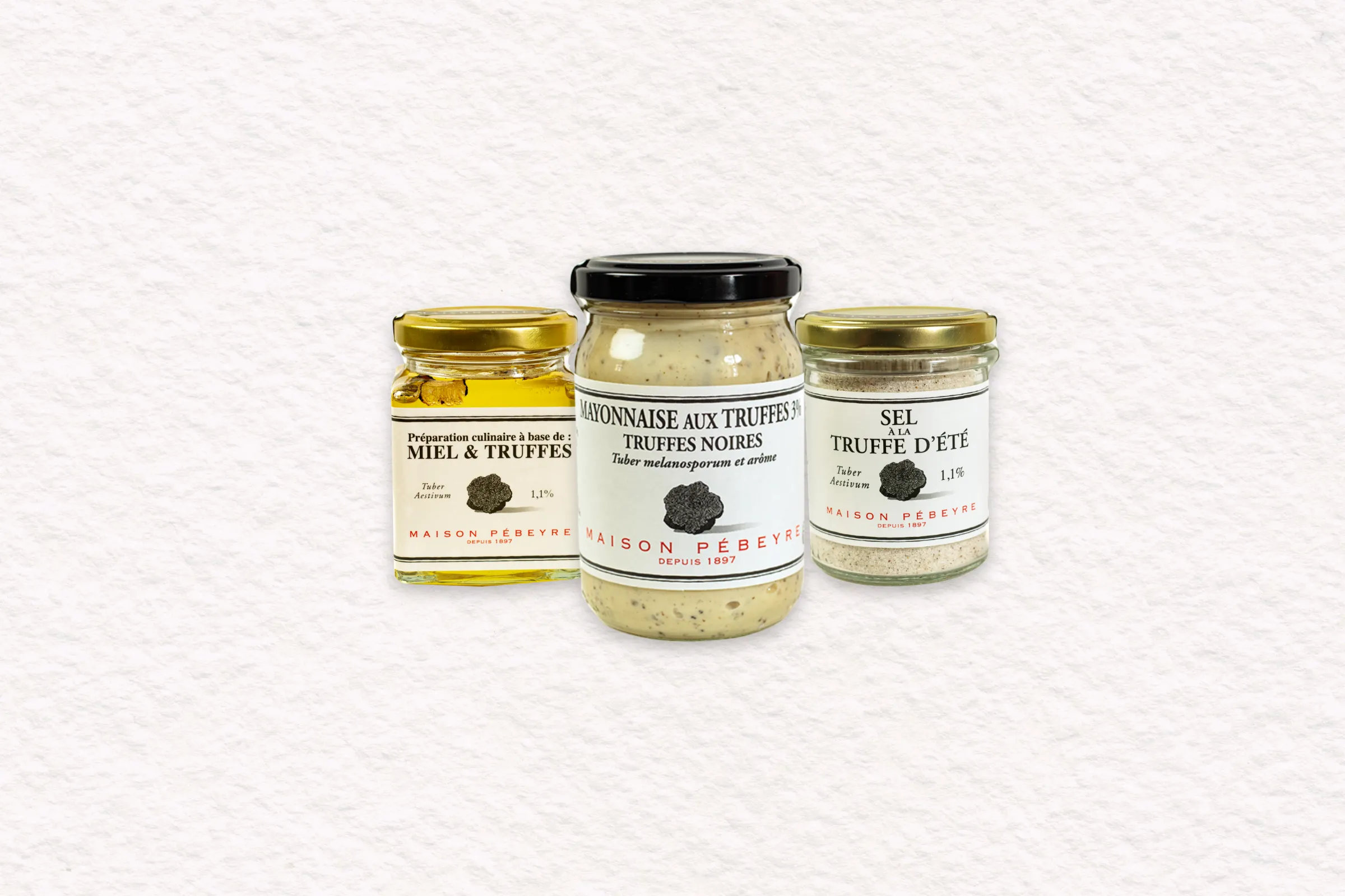 Sélection de condiments à la truffe Pébeyre : sel, moutarde, mayonnaise