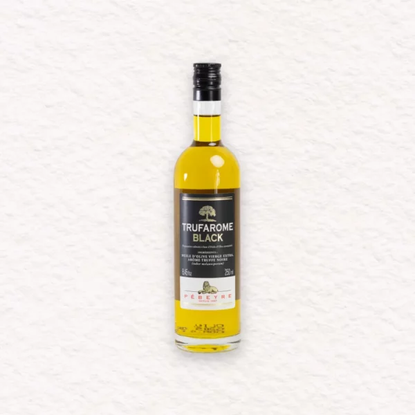 huile-olive-truffe-noire-fond-blanc Bouteille d'huile d'olive arôme truffe noire Pébeyre